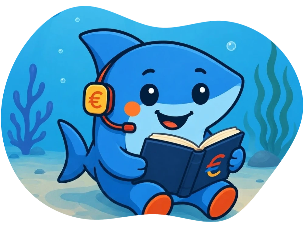 Mascota de FiscalBot: un tiburón con auriculares leyendo un libro